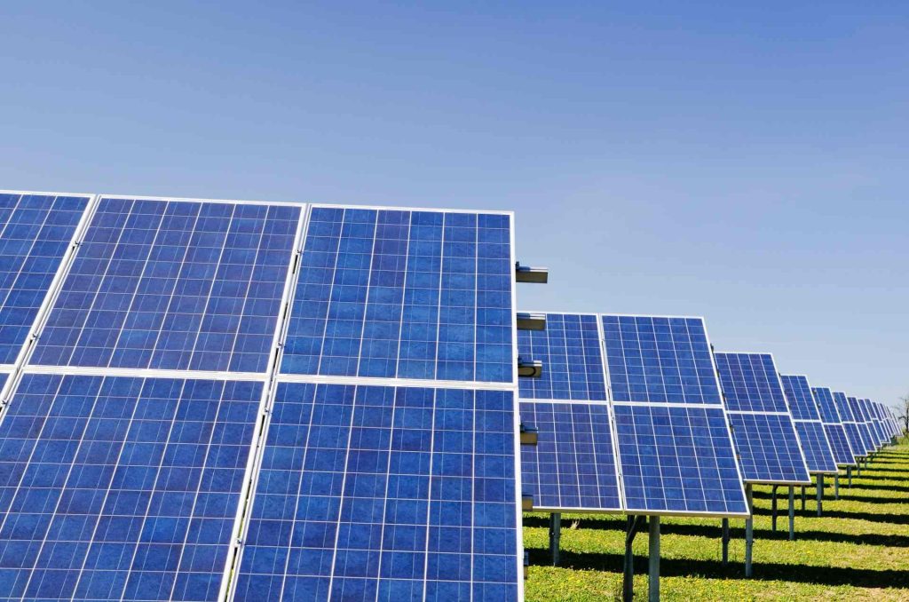 painéis solares alinhados num campo verde e sob um céu azul